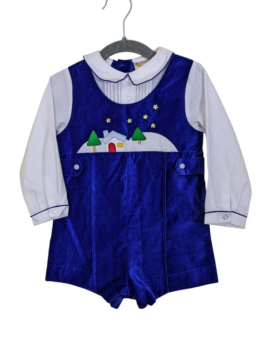 Vintage Blue Velour Toddler 18M Romper Retro Applique Snowy Landscape Pleats